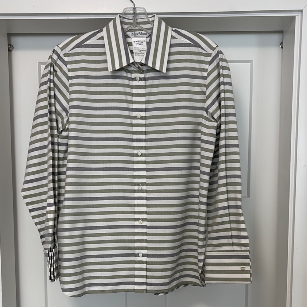 MaxMara Women’s Blue, Olive and White Striped Button-Up Shirt with French Cuffs.